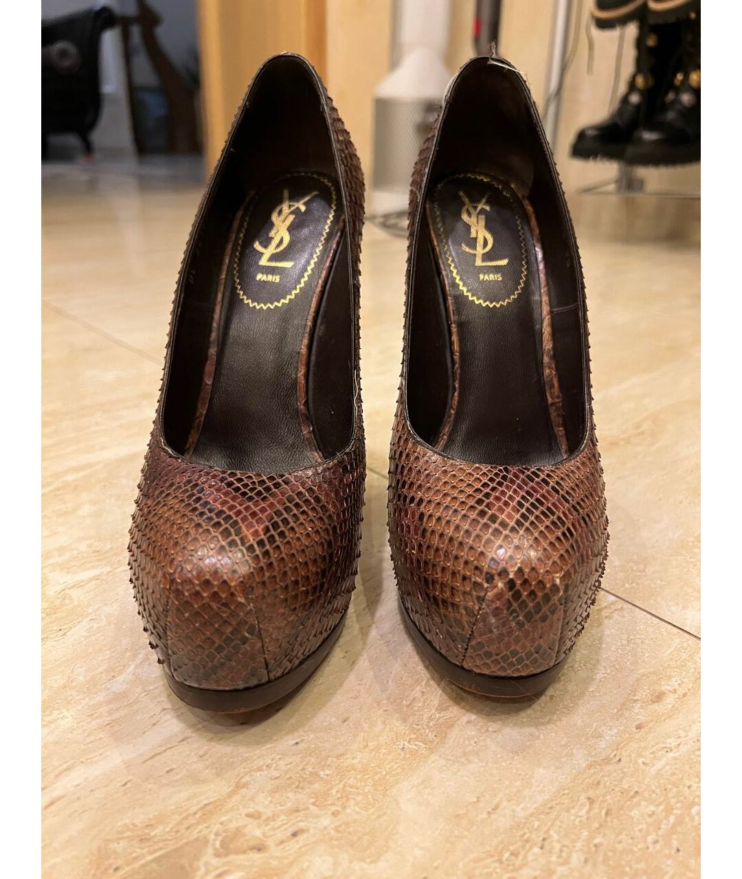 SAINT LAURENT Коричневые туфли из кожи питона, фото 2