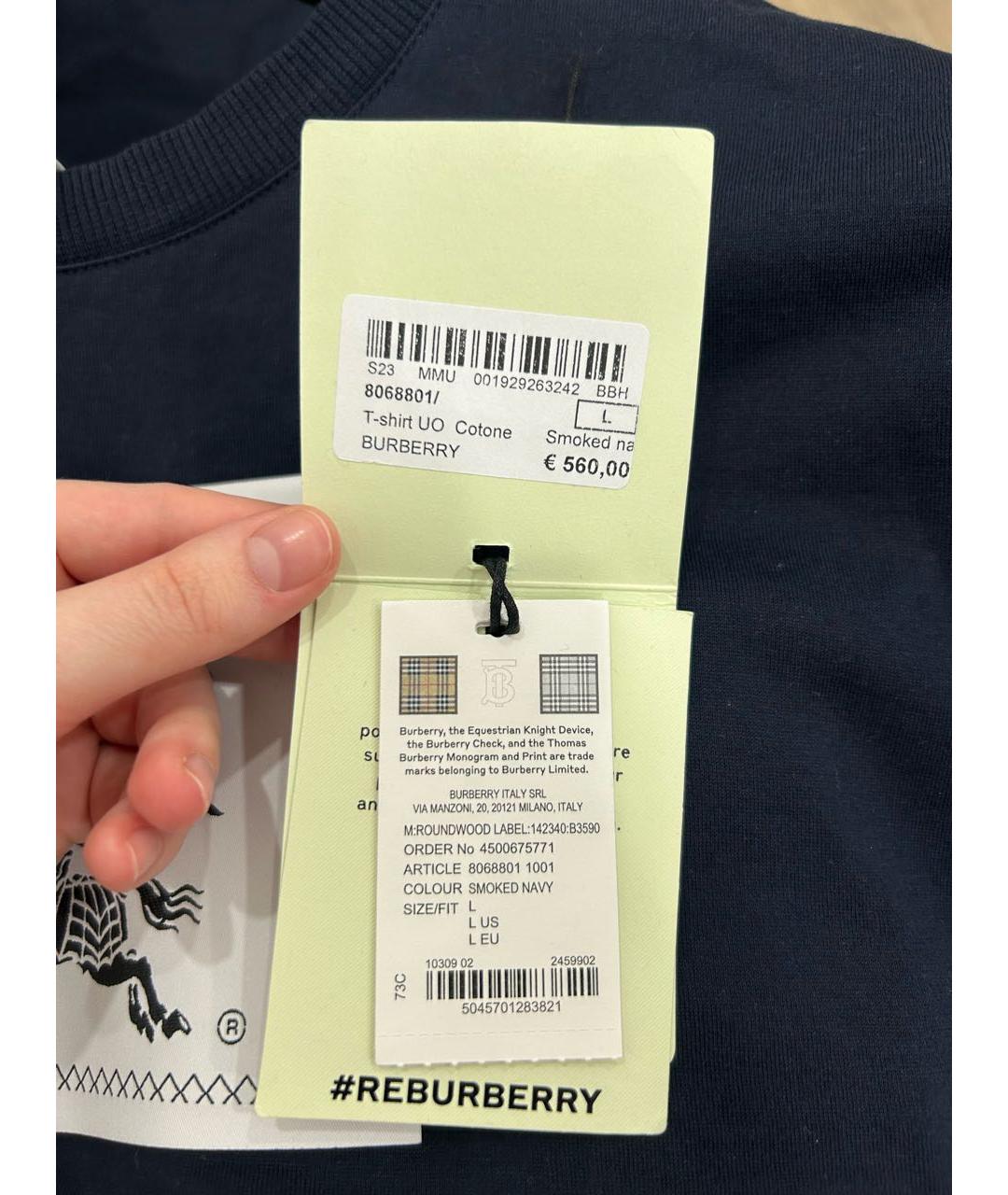 BURBERRY Темно-синяя хлопковая футболка, фото 7
