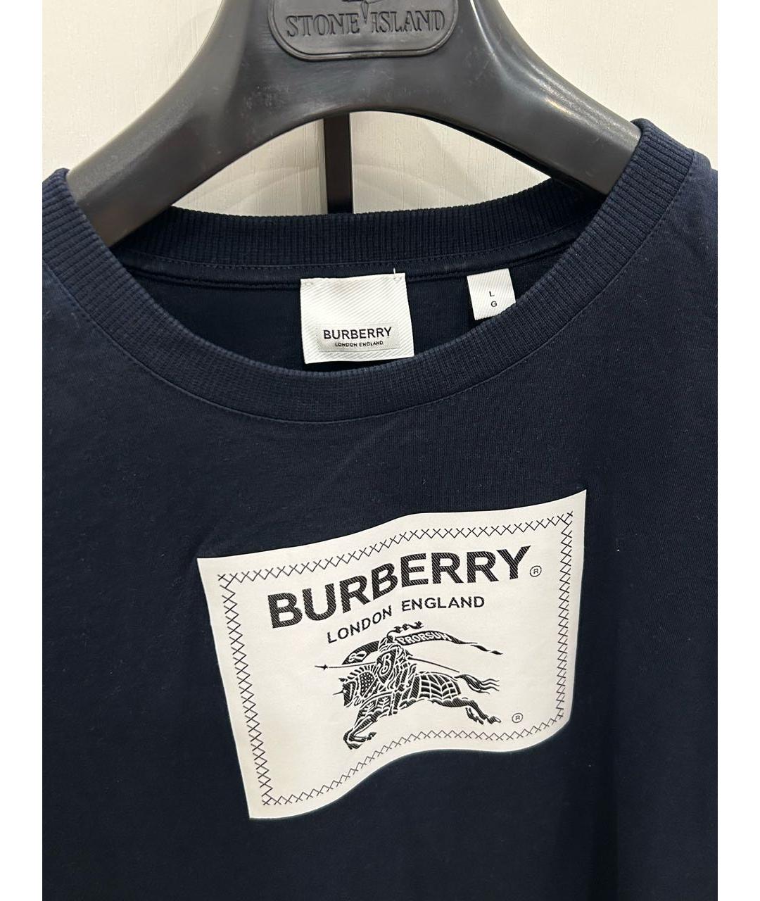 BURBERRY Темно-синяя хлопковая футболка, фото 4