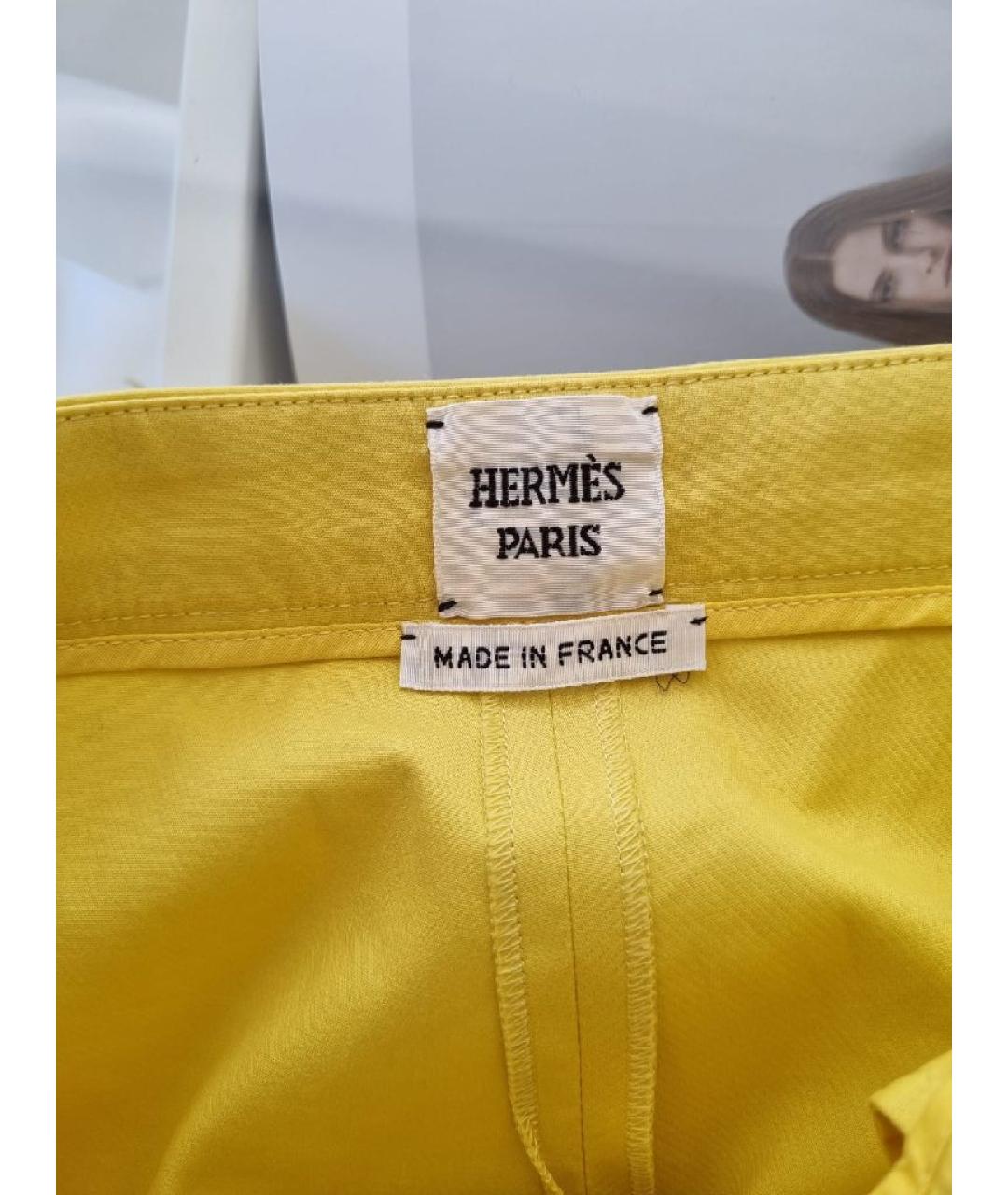HERMES Желтые хлопковые прямые брюки, фото 9
