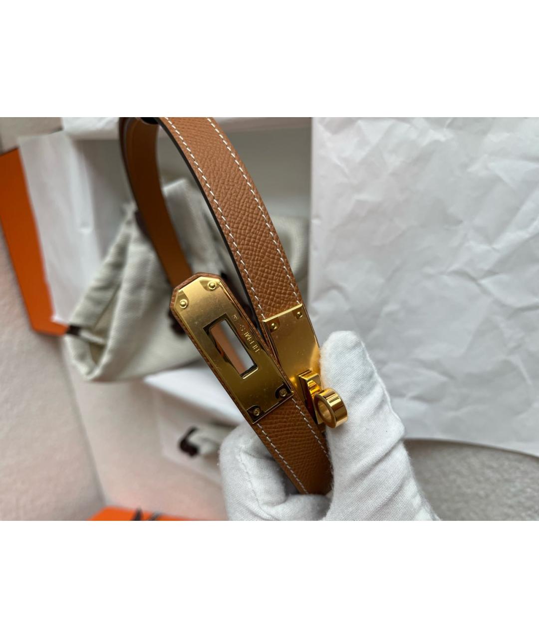 HERMES Золотой кожаный ремень, фото 6
