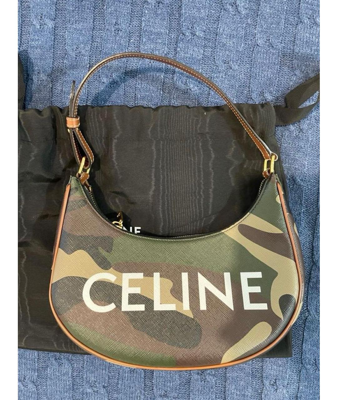 CELINE Хаки кожаная сумка с короткими ручками, фото 5