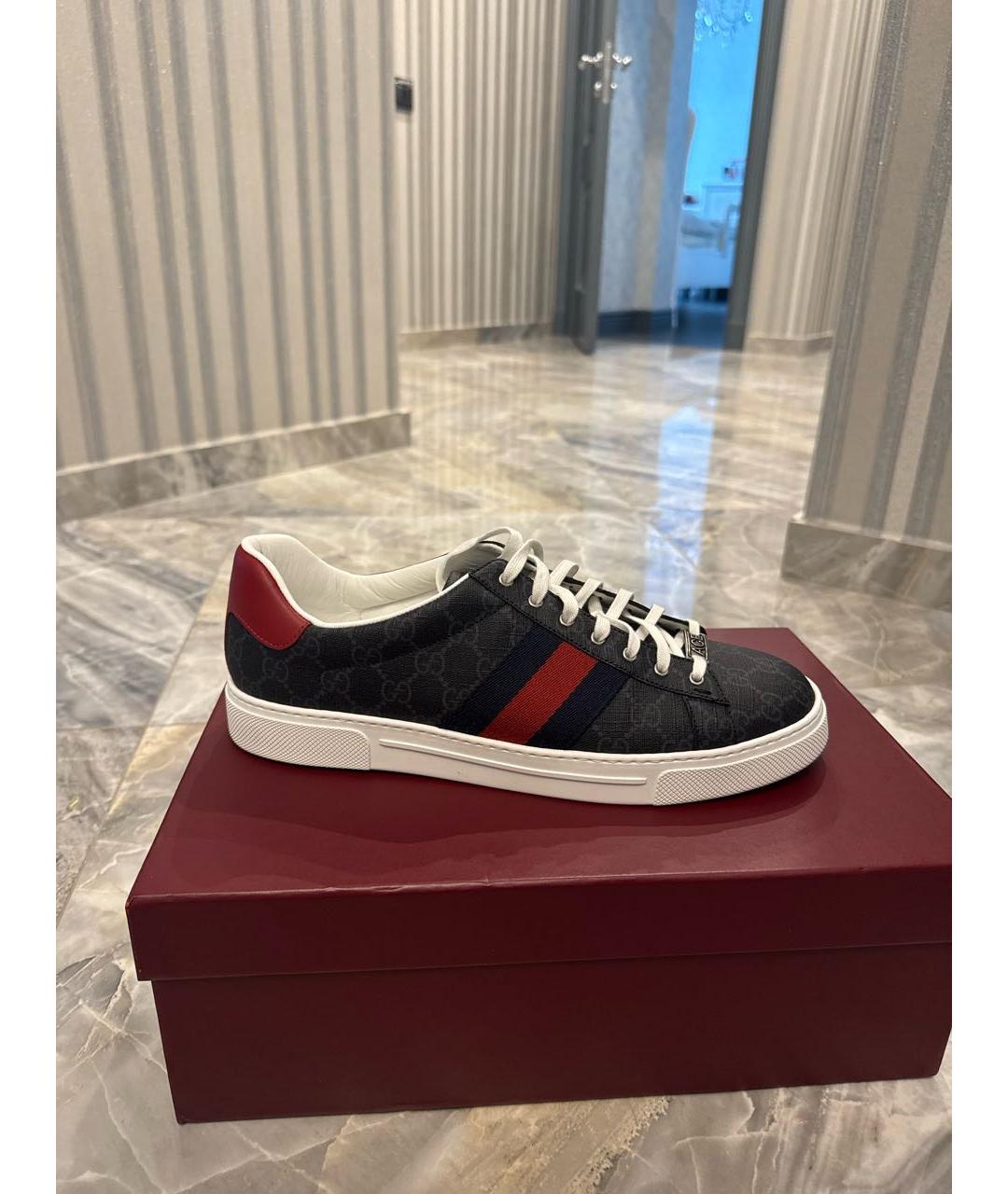 GUCCI Антрацитовые кожаные низкие кроссовки / кеды, фото 5