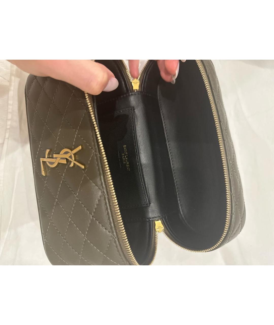 SAINT LAURENT Хаки кожаная сумка с короткими ручками, фото 5