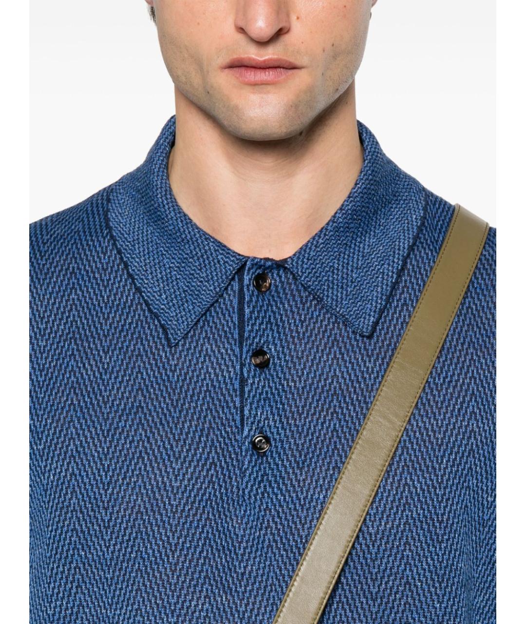 BOTTEGA VENETA Синее хлопко-леновое поло с коротким рукавом, фото 3