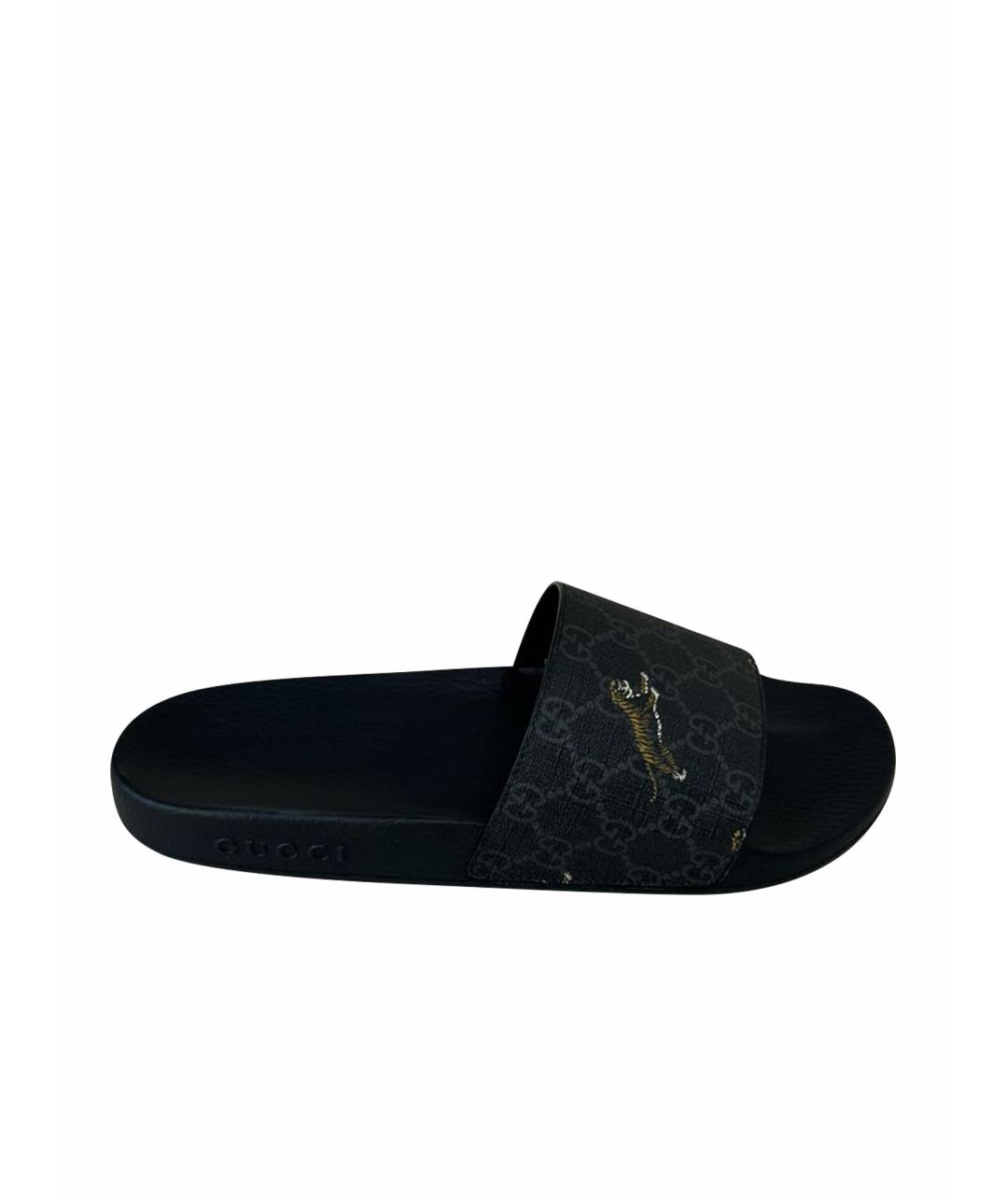 GUCCI Черные резиновые шлепанцы, фото 1