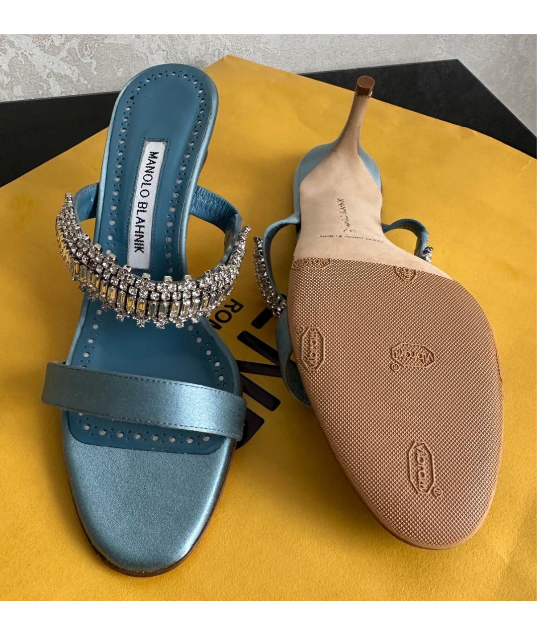 MANOLO BLAHNIK Голубые текстильные мюли, фото 4