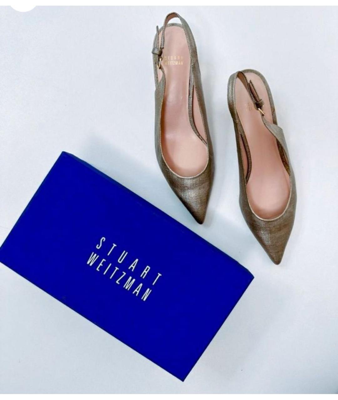 STUART WEITZMAN Золотые кожаные лодочки на низком каблуке, фото 4