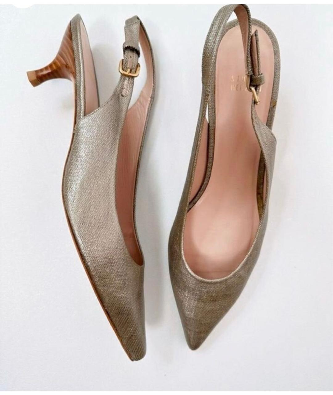 STUART WEITZMAN Золотые кожаные лодочки на низком каблуке, фото 5