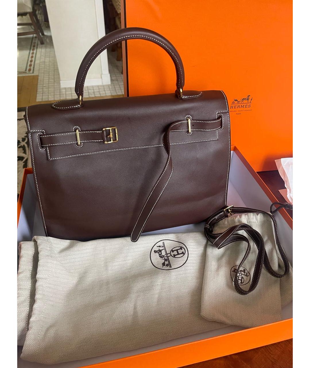 HERMES Коричневая кожаная сумка с короткими ручками, фото 8