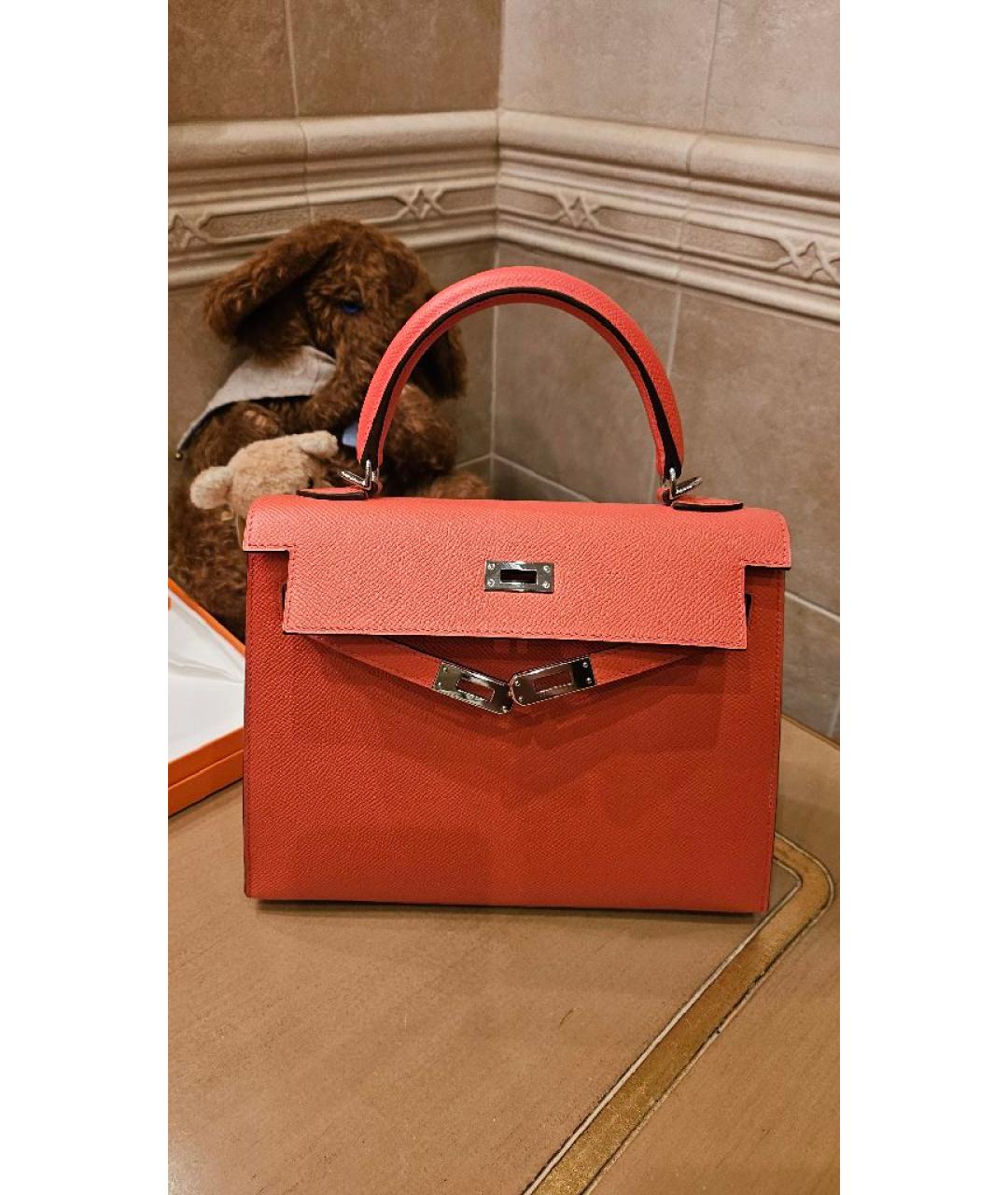 HERMES Коралловая кожаная сумка с короткими ручками, фото 10