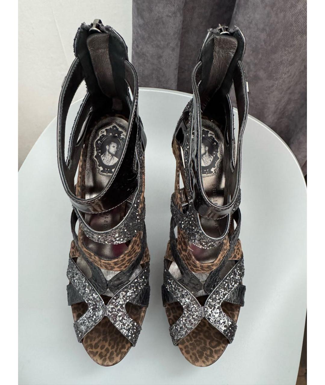 PHILIPP PLEIN Черные кожаные босоножки, фото 2