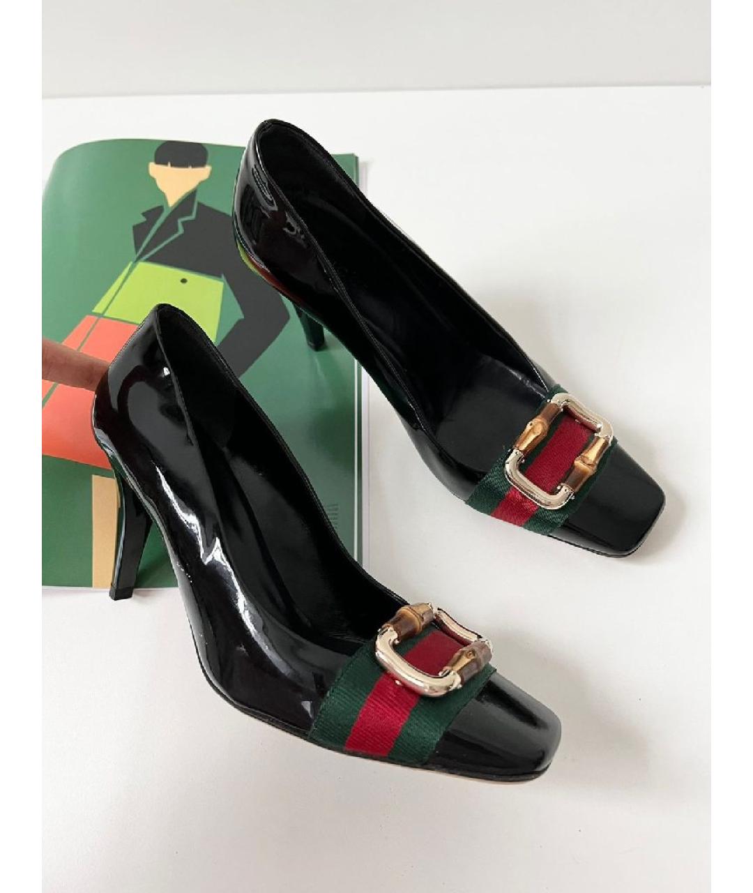 GUCCI Черные кожаные лодочки на низком каблуке, фото 10