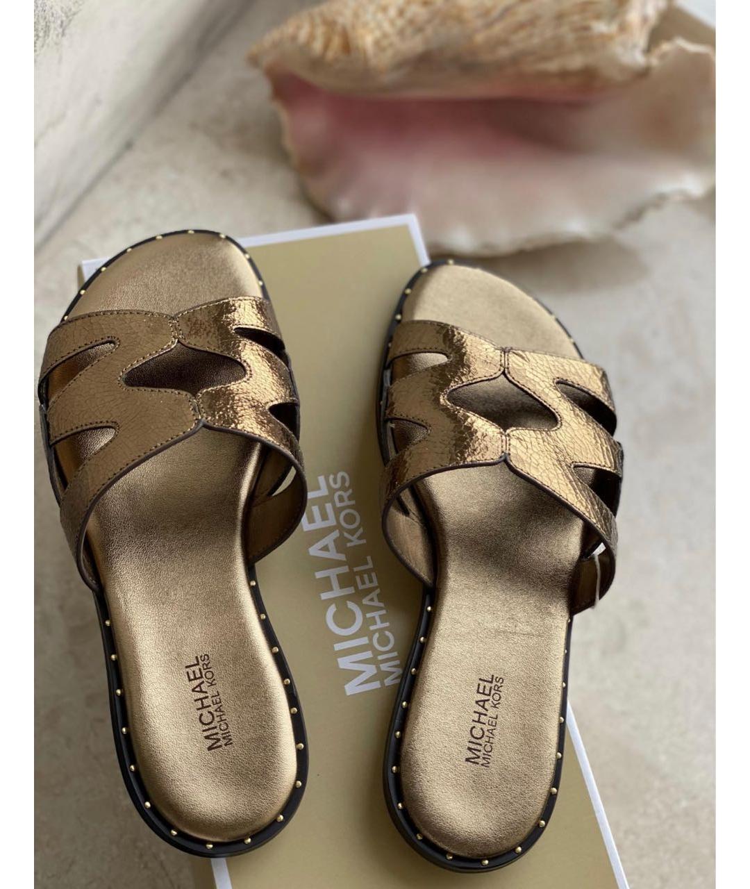 MICHAEL MICHAEL KORS Золотые кожаные шлепанцы, фото 3