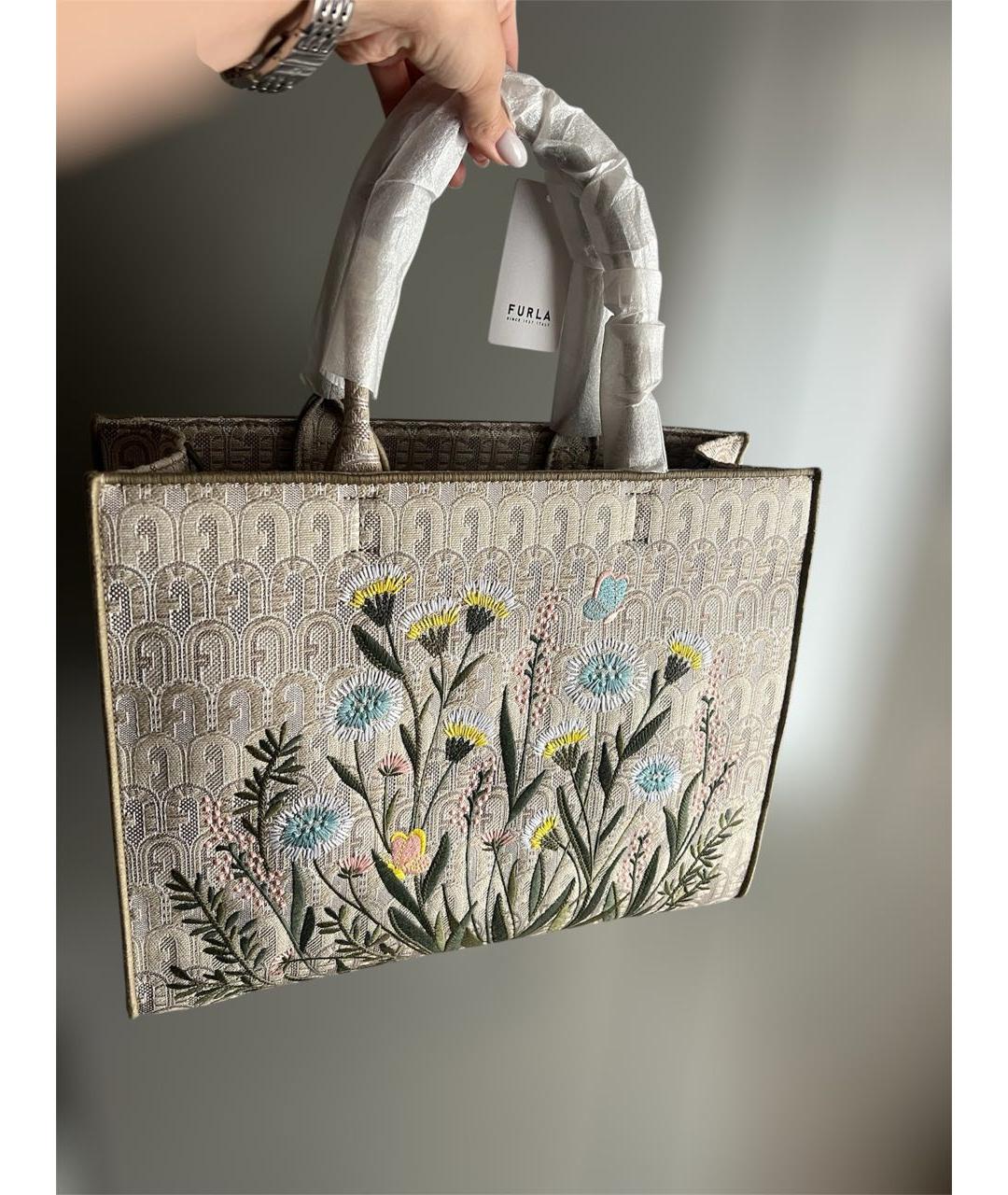 FURLA Бежевая жаккардовая сумка тоут, фото 7