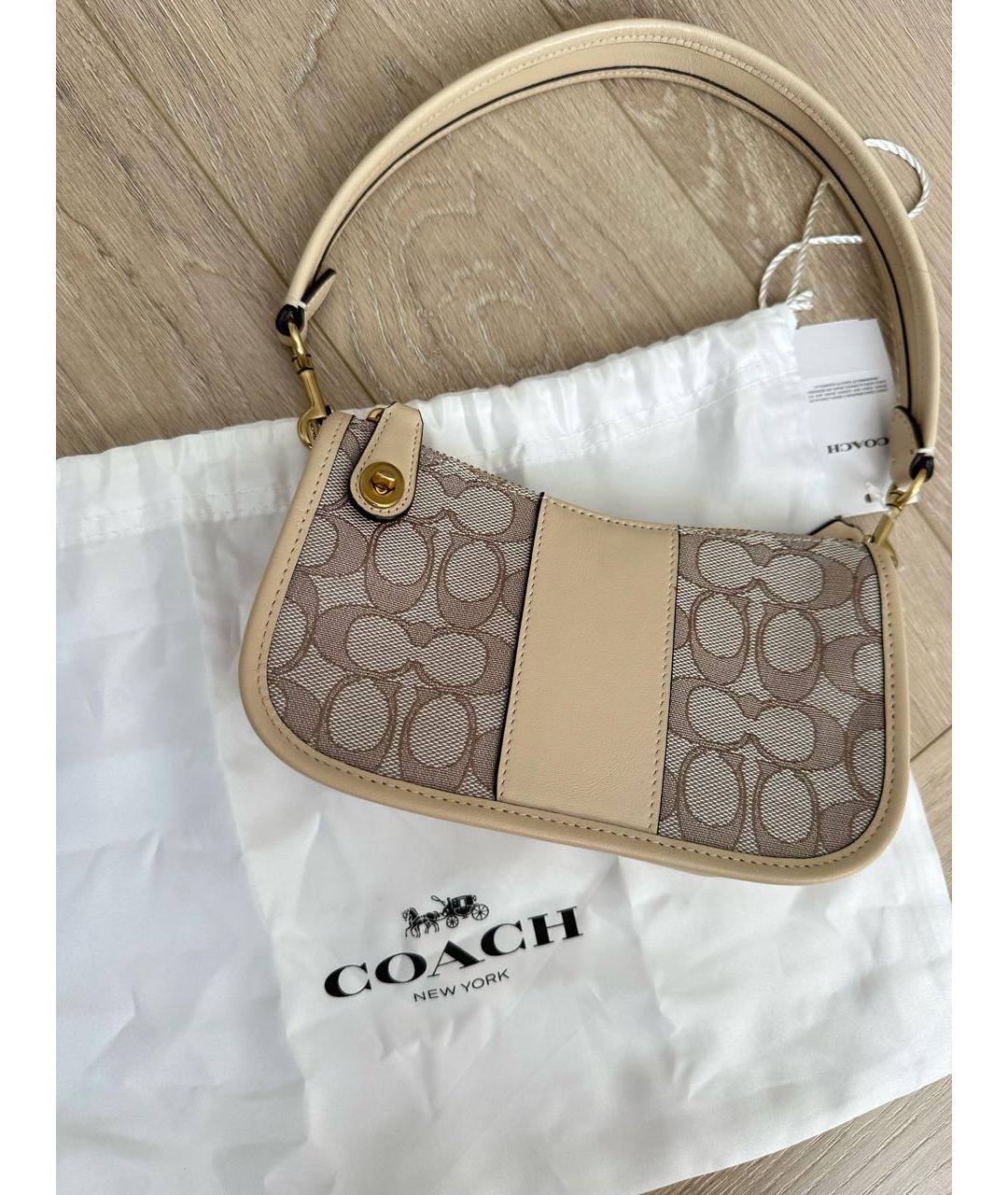 COACH Бежевая жаккардовая сумка с короткими ручками, фото 8