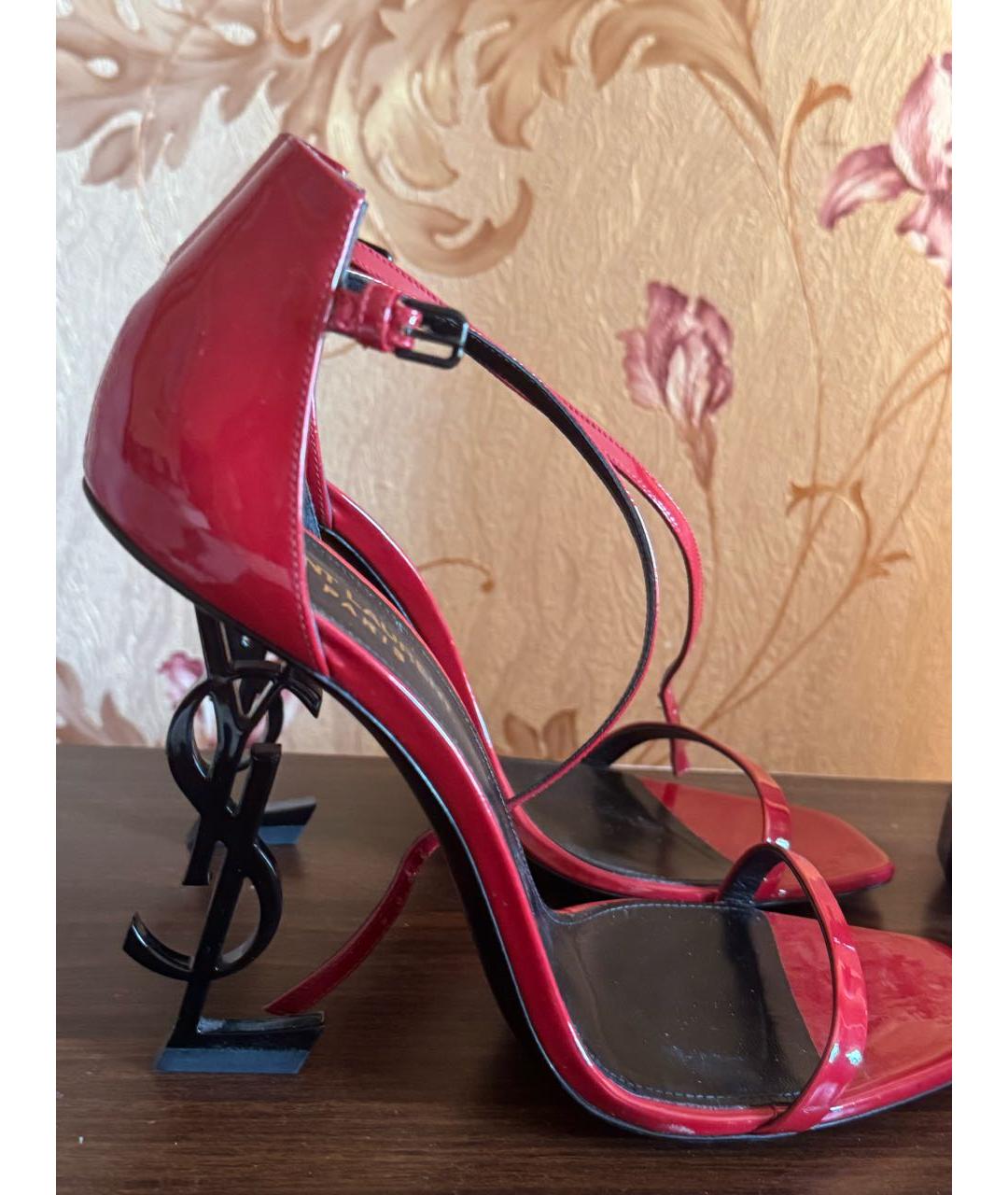 SAINT LAURENT Бордовые кожаные босоножки, фото 5