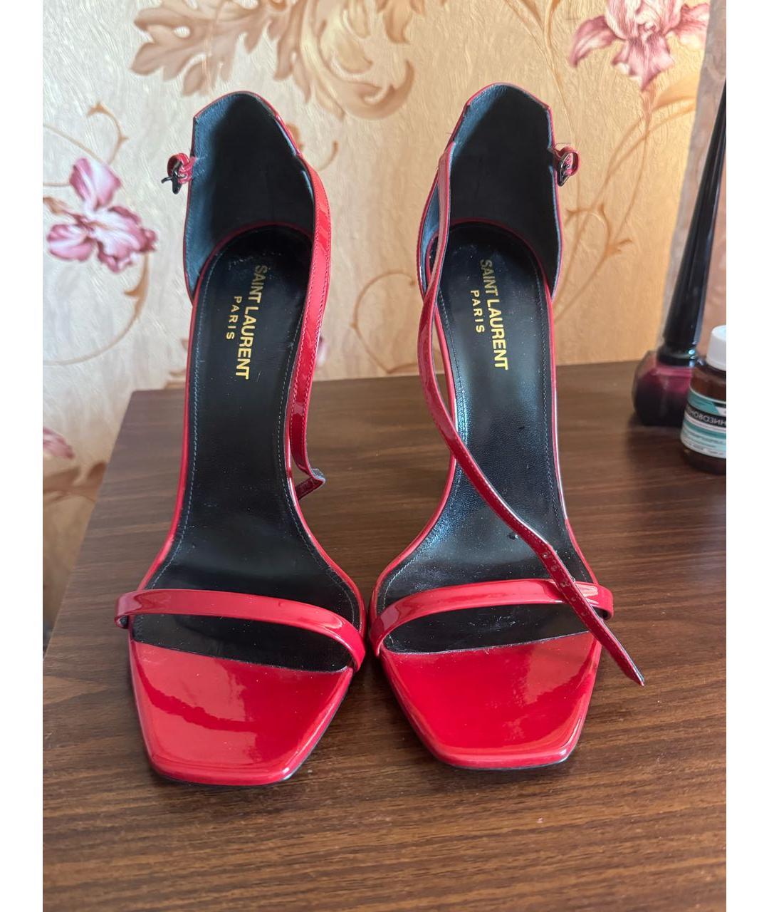 SAINT LAURENT Бордовые кожаные босоножки, фото 2