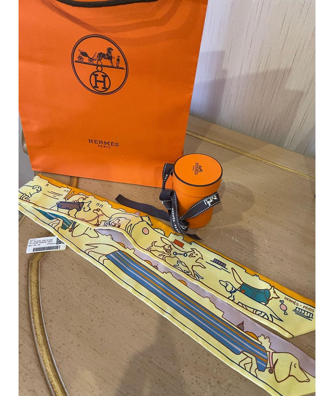 HERMES Желтый шелковый платок, фото 3
