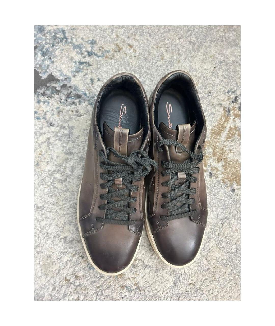 SANTONI Коричневые кожаные низкие кроссовки / кеды, фото 2