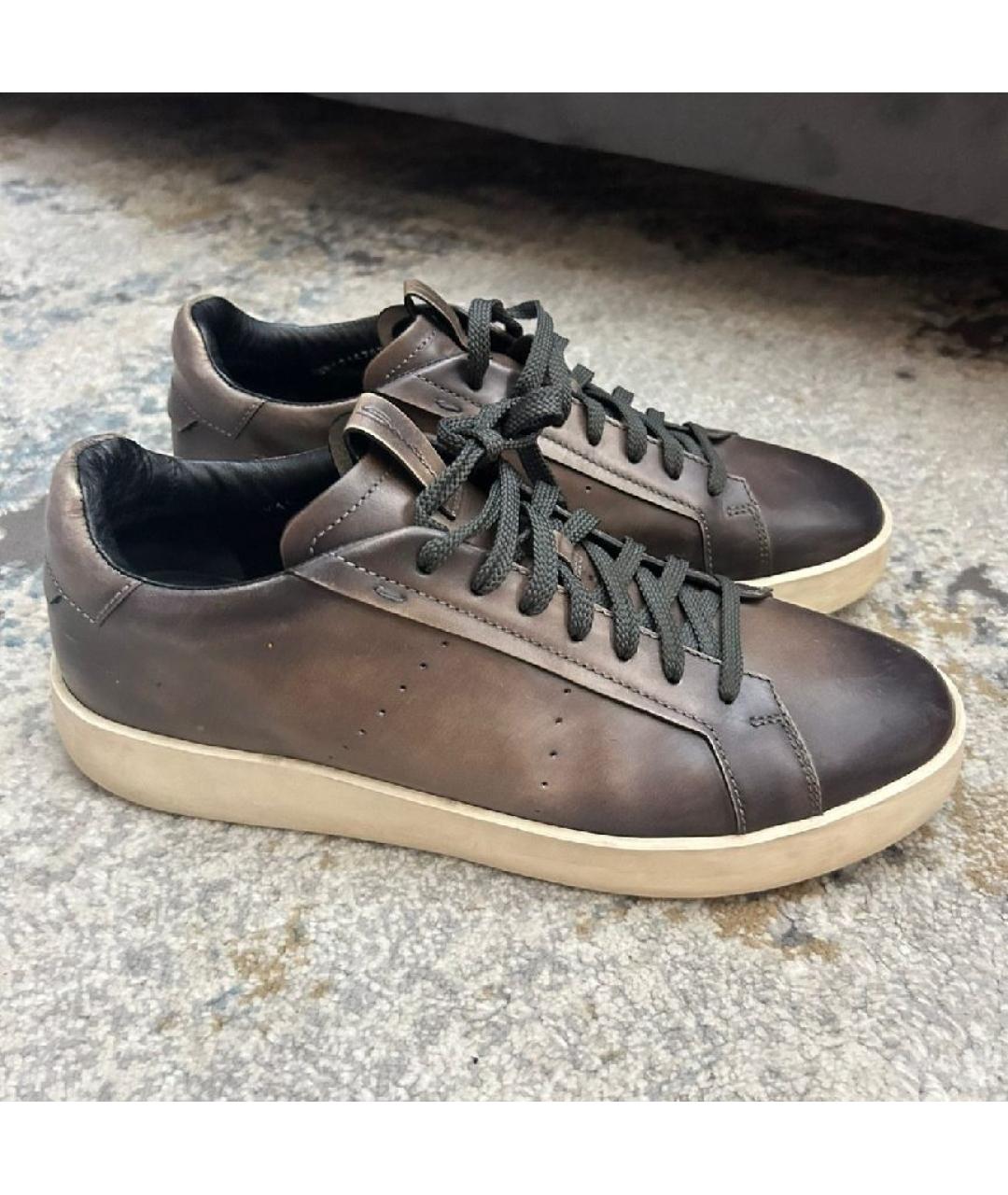 SANTONI Коричневые кожаные низкие кроссовки / кеды, фото 10