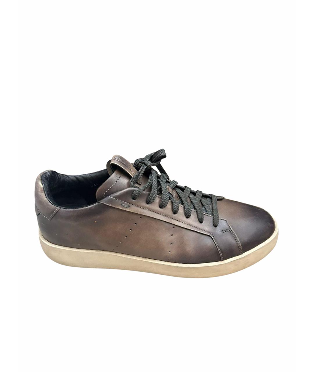 SANTONI Коричневые кожаные низкие кроссовки / кеды, фото 1