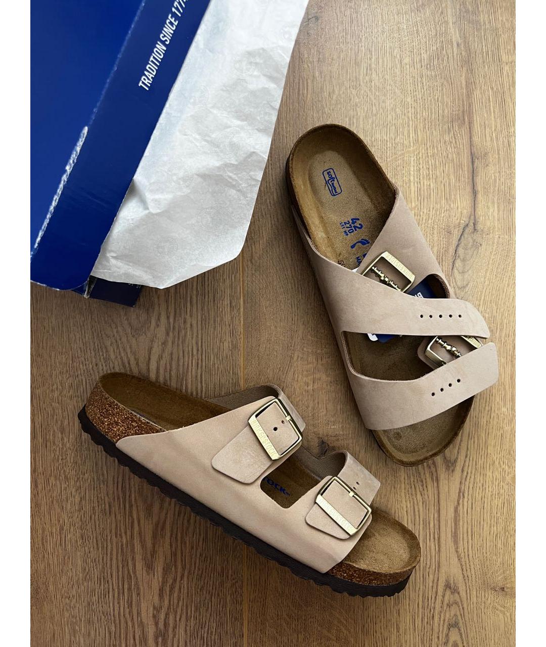 BIRKENSTOCK Бежевые кожаные шлепанцы, фото 8