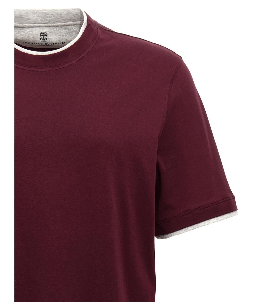 BRUNELLO CUCINELLI Бордовая хлопковая футболка, фото 3