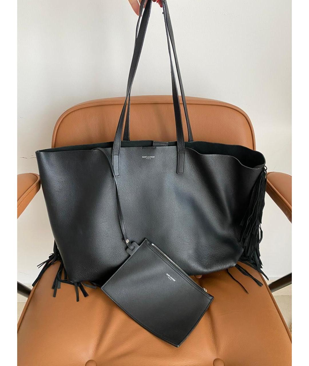 SAINT LAURENT Черная кожаная сумка тоут, фото 7