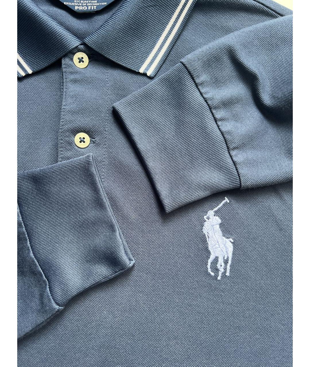 POLO RALPH LAUREN Голубое хлопко-эластановое поло с длинным рукавом, фото 5