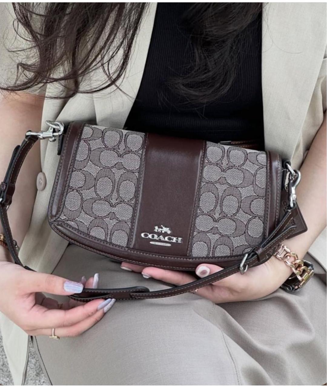 COACH Коричневая жаккардовая сумка с короткими ручками, фото 7