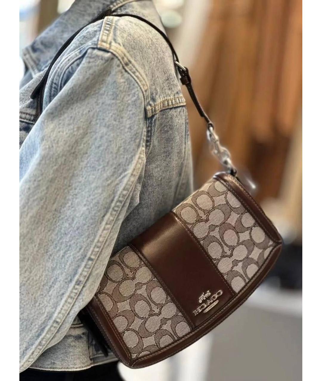COACH Коричневая жаккардовая сумка с короткими ручками, фото 8