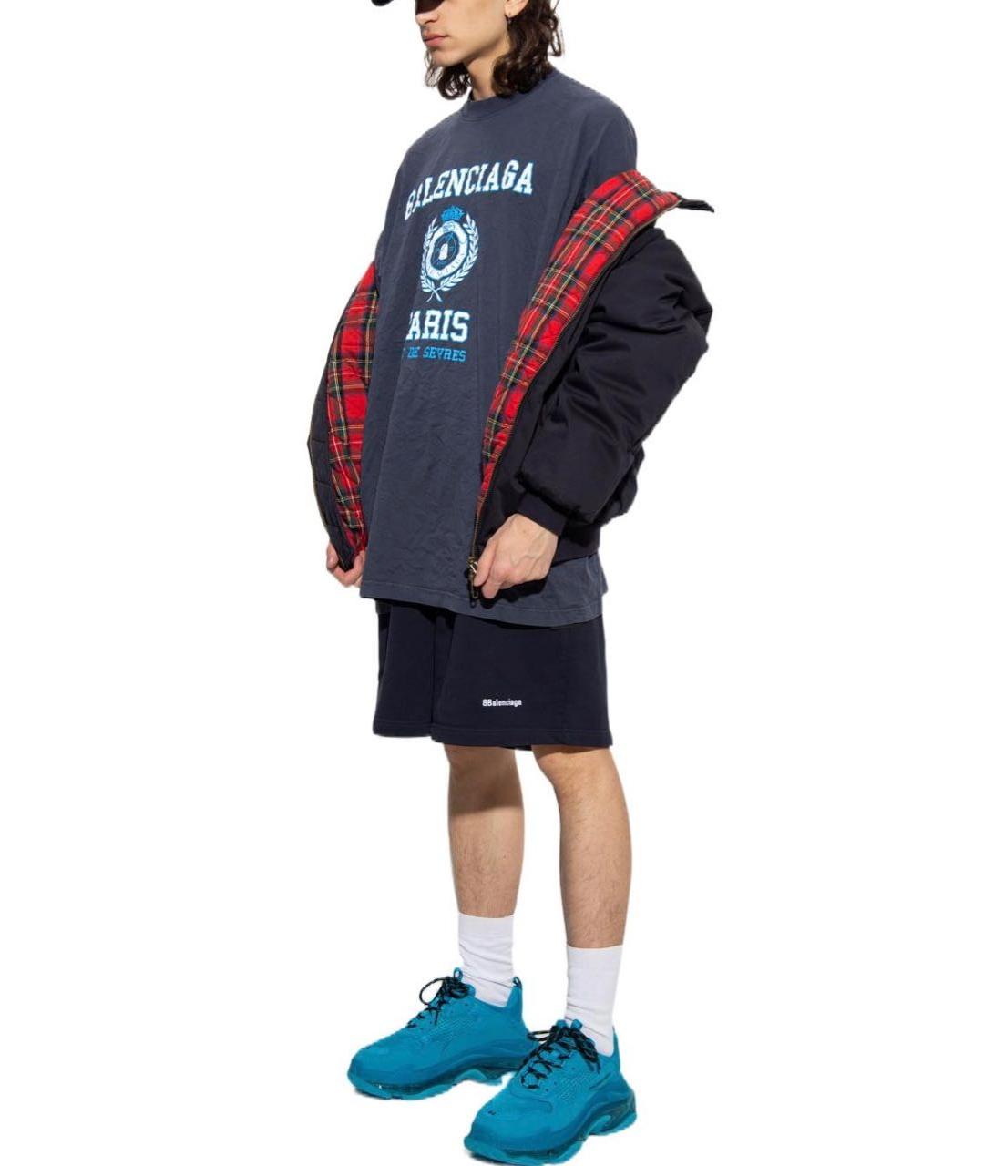BALENCIAGA Темно-синяя хлопковая футболка, фото 4