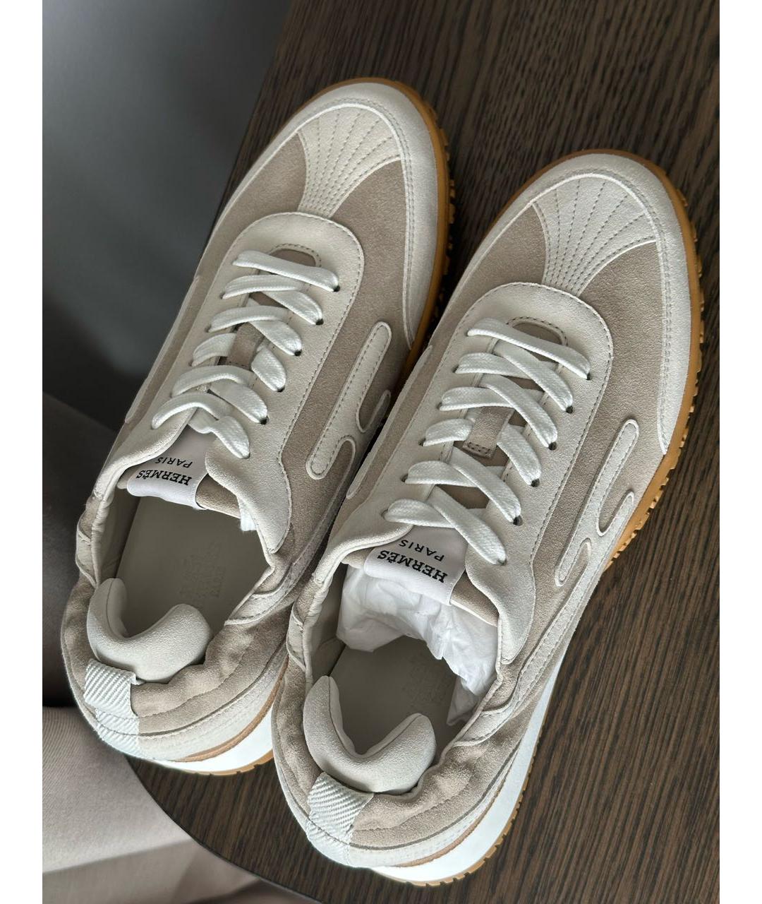 HERMES Бежевые замшевые кроссовки, фото 3