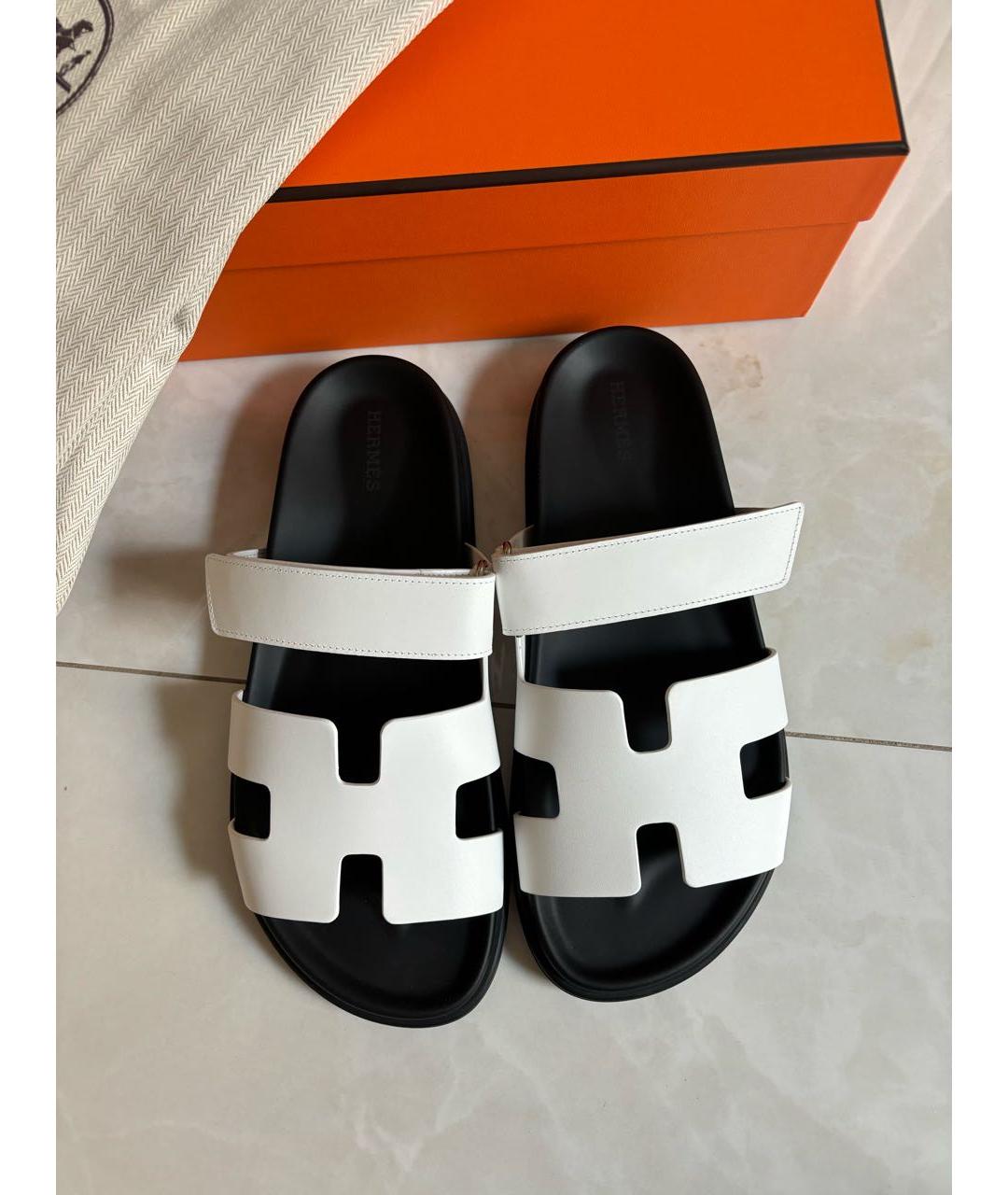 HERMES Белые кожаные шлепанцы, фото 3
