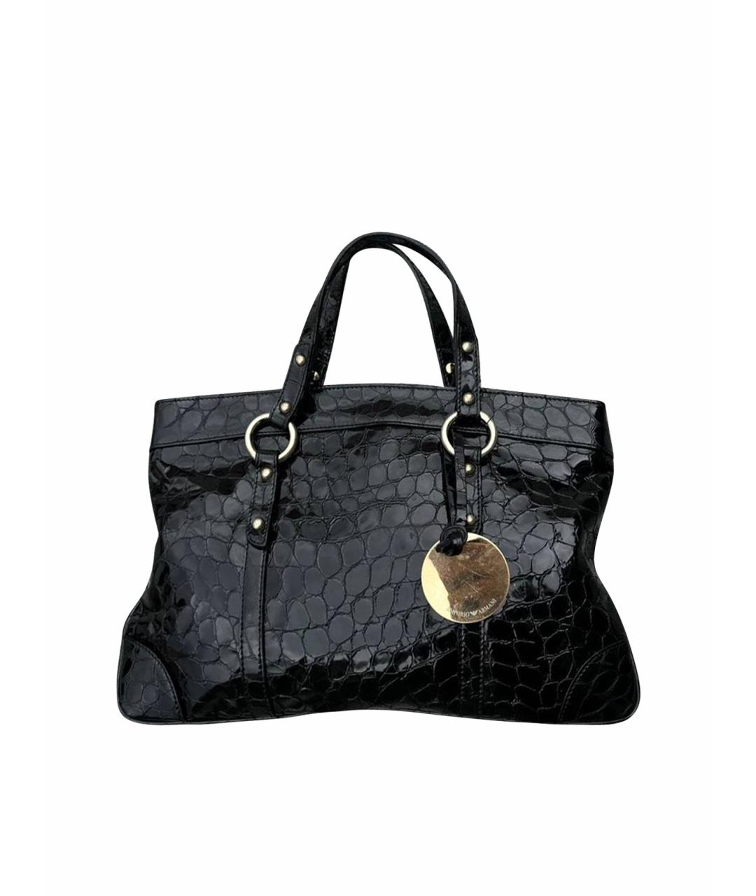 EMPORIO ARMANI Черная сумка тоут из лакированной кожи, фото 1