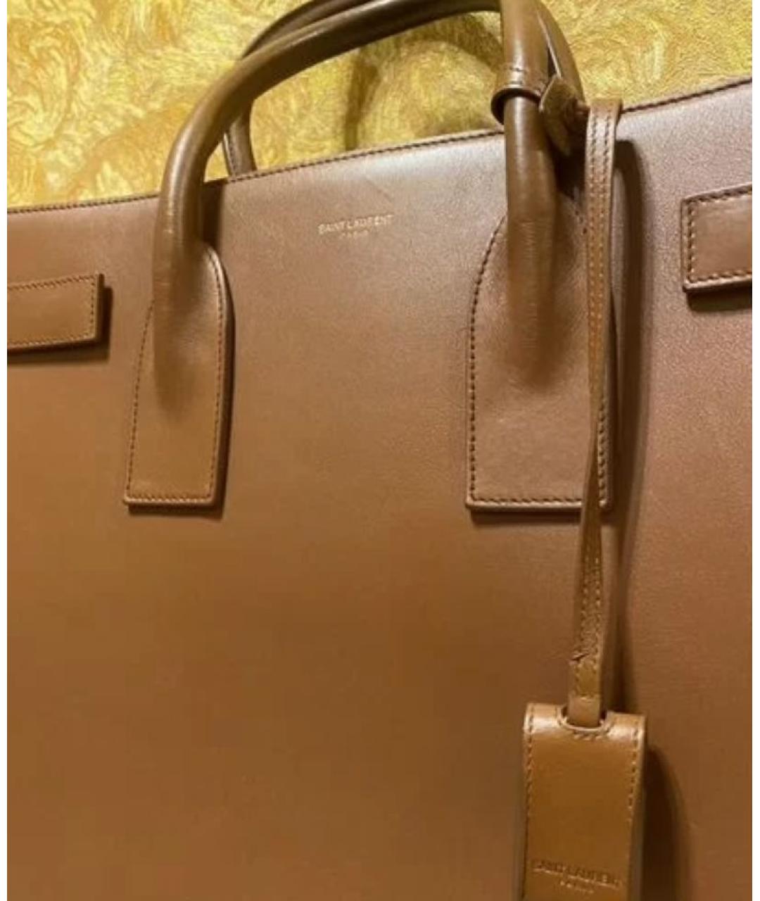 SAINT LAURENT Коричневая кожаная сумка с короткими ручками, фото 8