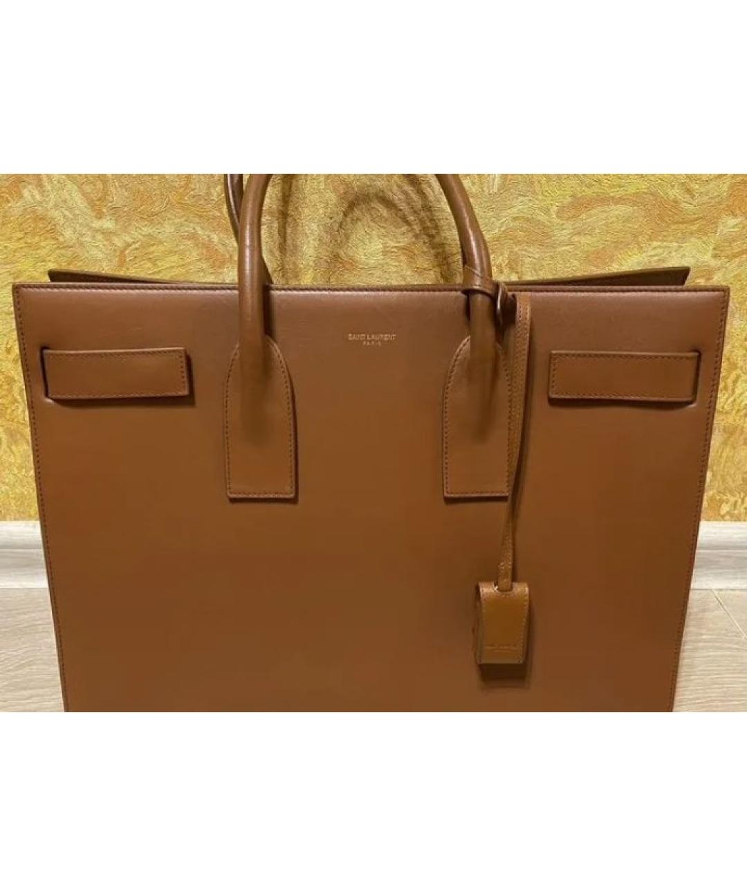 SAINT LAURENT Коричневая кожаная сумка с короткими ручками, фото 5