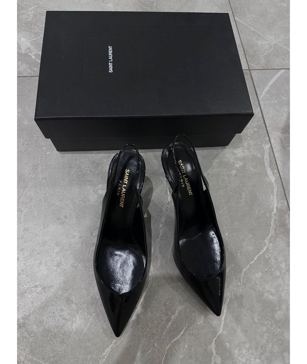 SAINT LAURENT Черные лодочки на низком каблуке из лакированной кожи, фото 4