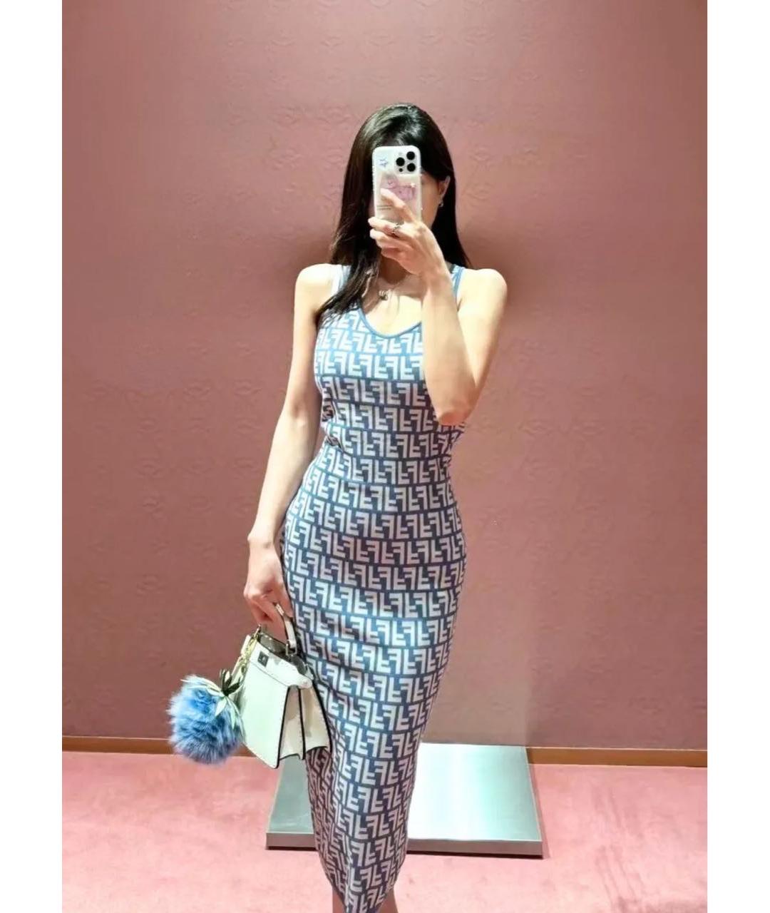 FENDI Голубое хлопко-эластановое повседневное платье, фото 6