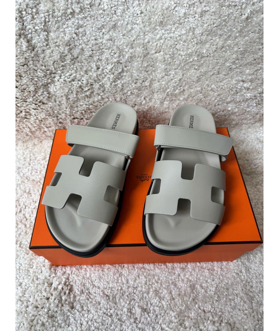 HERMES Бежевые кожаные шлепанцы, фото 2