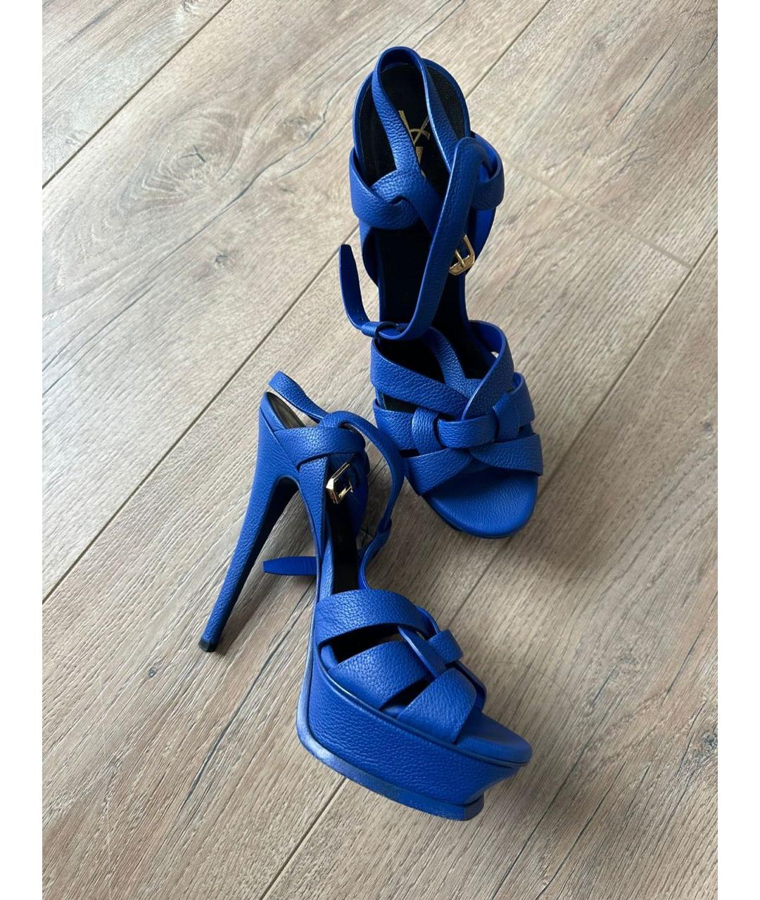 SAINT LAURENT Синие кожаные босоножки, фото 7