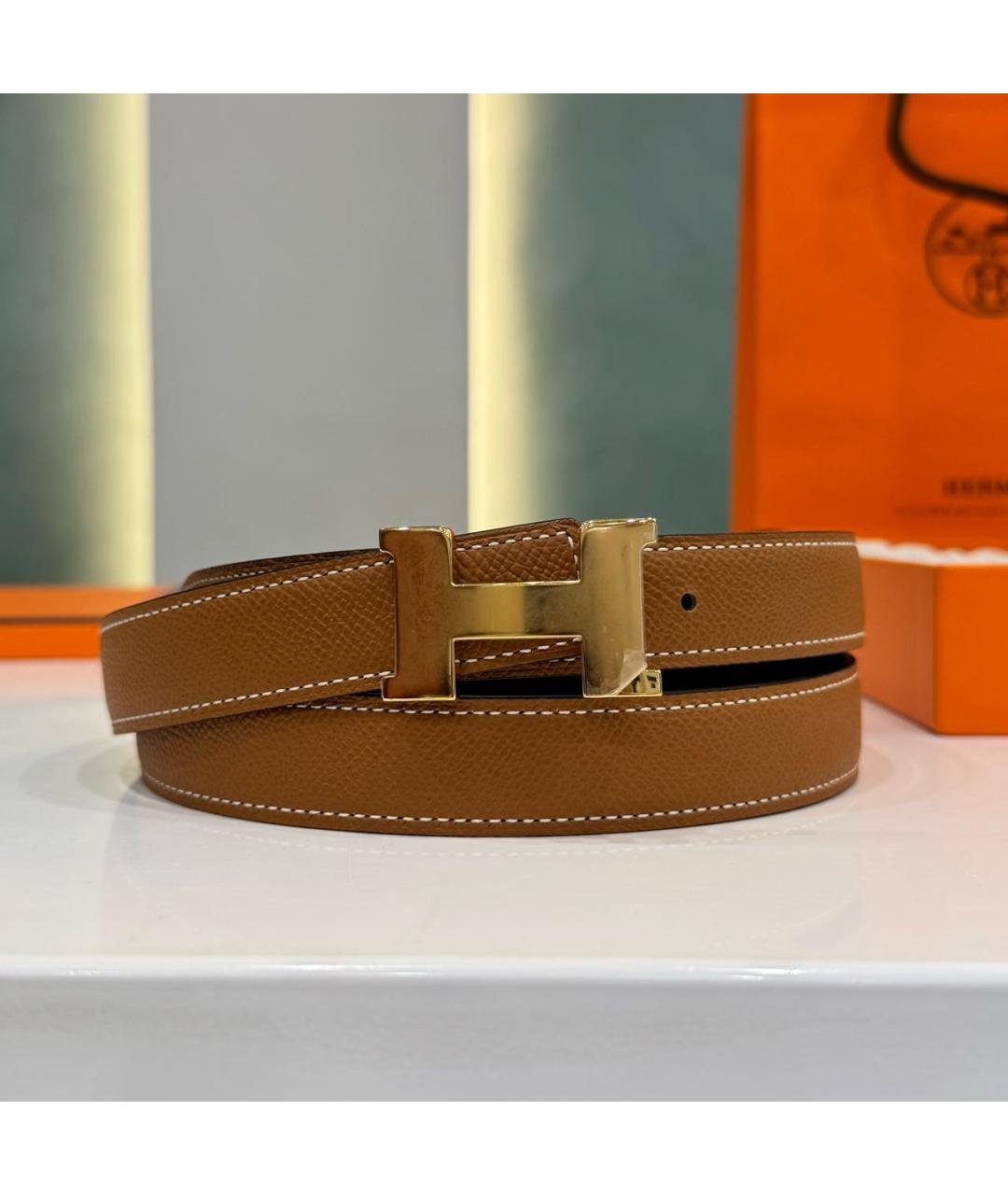 HERMES Золотой кожаный ремень, фото 6