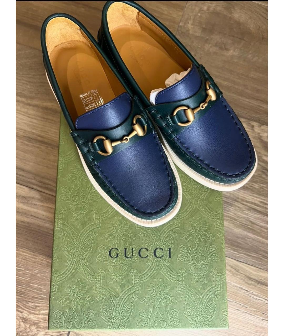 GUCCI Темно-синие кожаные лоферы/мокасины, фото 4