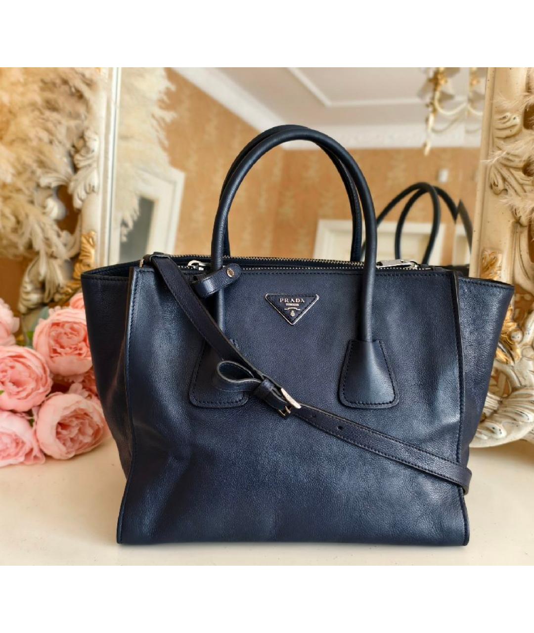 PRADA Темно-синяя кожаная сумка тоут, фото 9