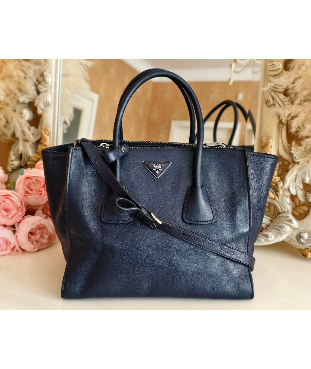PRADA Темно-синяя кожаная сумка тоут, фото 8