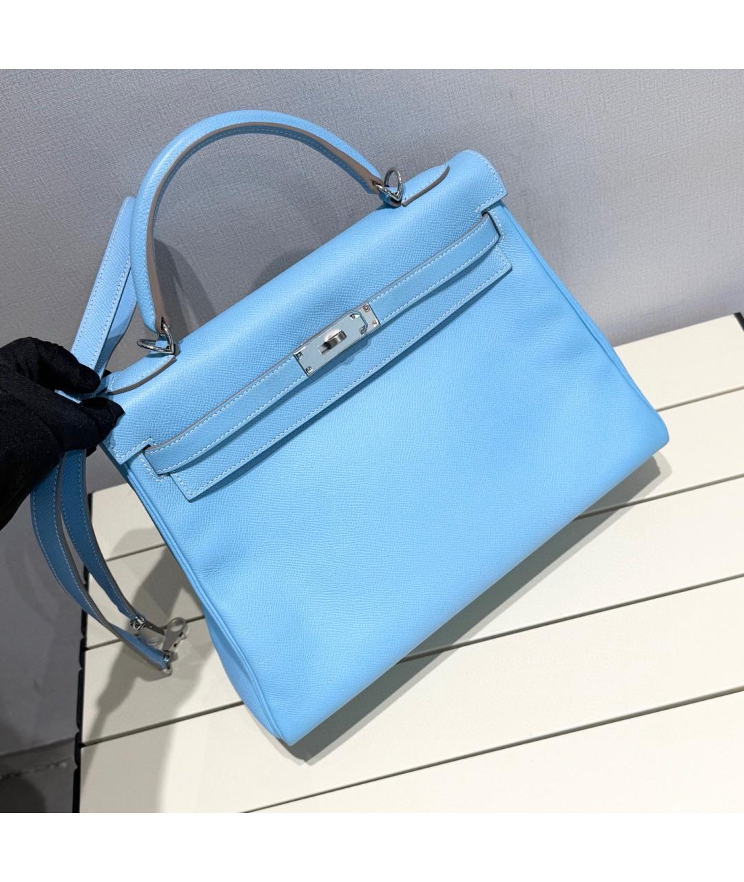 HERMES Голубая кожаная сумка с короткими ручками, фото 4