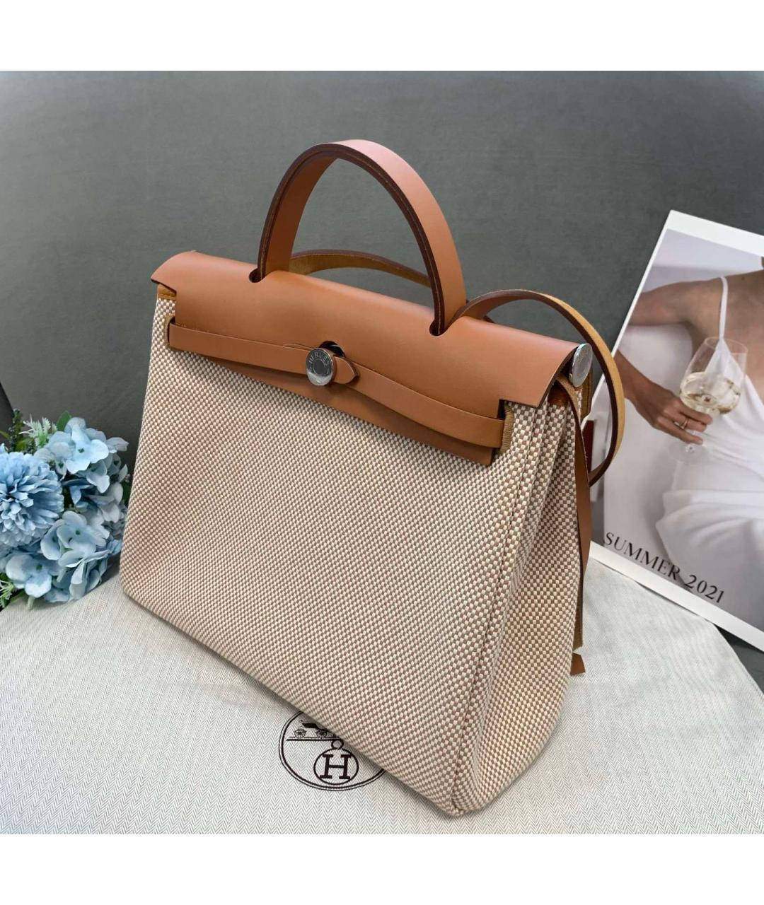 HERMES Коричневая деним сумка с короткими ручками, фото 5