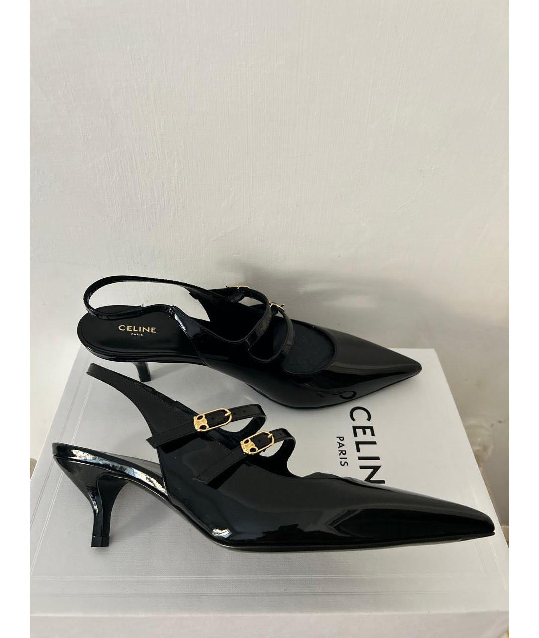 CELINE Черные лодочки на низком каблуке из лакированной кожи, фото 5
