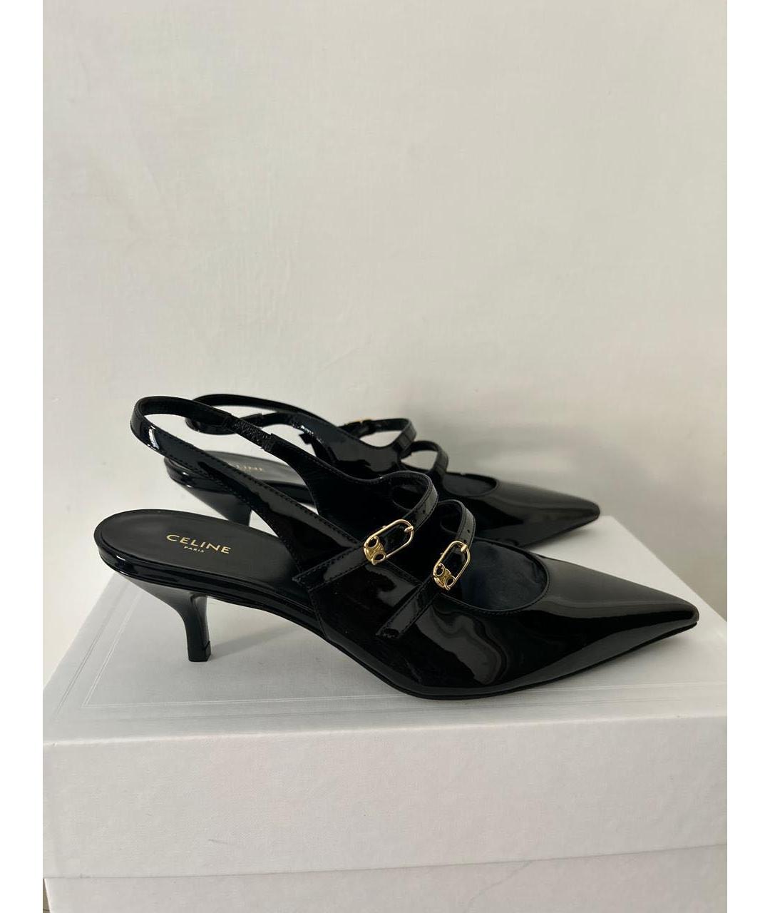 CELINE Черные лодочки на низком каблуке из лакированной кожи, фото 4